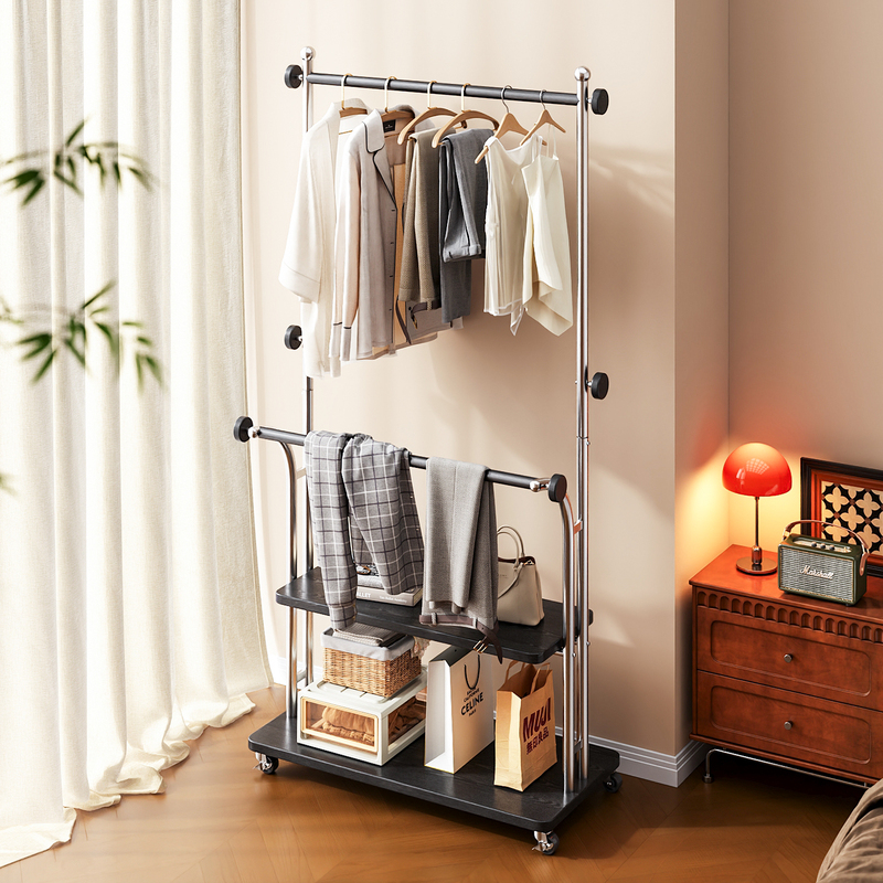 Bedroom Floor-Standing Clothes Rack, Stainless Steel Movable Coat Rack, Bed-End Laundry Rack, Room Clothes Storage Rack
