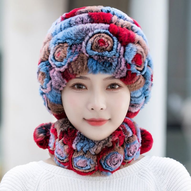 New Rex rabbit fur hat flower type autumn and winter thickening mother hat women's real rabbit fur hat neck sleeve set