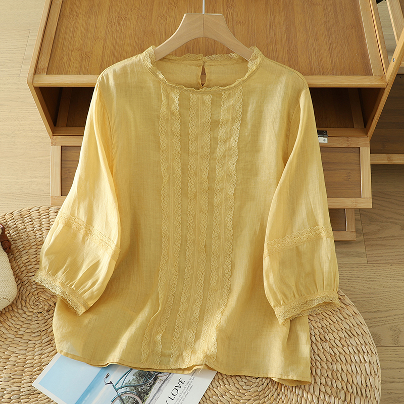 Western-Style Retro Lace Trim Ramie Shirt for Women, 2026 New High-End Loose Cotton-Linen Three-Quarter Sleeve Top