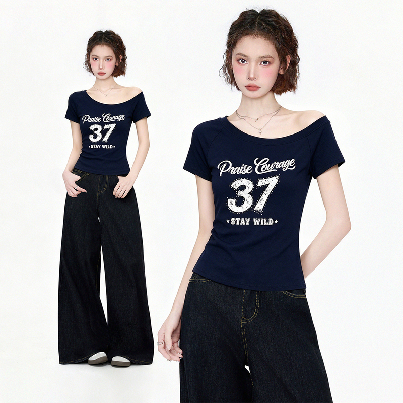 Navy Blue Off-Shoulder Short-Sleeve T-Shirt for Women, Summer Style with One-Shoulder Design, Letter Print, Slim Fit, Pure Desire Style, Spicy Girl Top