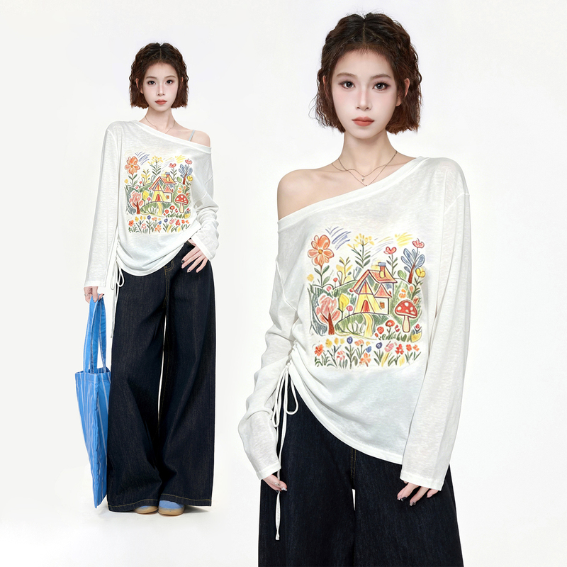 Thin, Slightly See-Through Sun Protection Cover-Up with Drawstring Waist, Printed Long-Sleeve T-Shirt, Off-Shoulder, Loose Dopamine Top for Women in Summer