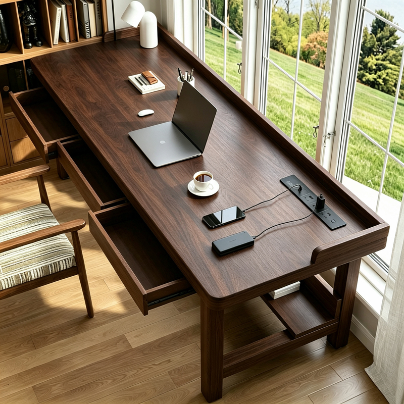 South American Walnut Solid Wood Desk with Divider and Drawer, Living Room Study Desk, Computer Desk, Large Office Desk South American Walnut Solid Wood Desk with Divider and Drawer, Living Room Study Desk, Computer Desk, Large Office Desk
