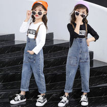 新款中裤b休闲大单件 套装牛仔女童春秋两件童长裤套背带2020年