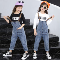 New medium pants b casual large one-piece suit denim girls spring and autumn two-piece childrens trousers cover suspenders 2020