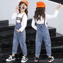 High-end new medium trousers b casual large single-piece suit denim girls spring and autumn two-piece childrens trousers cover suspenders 202