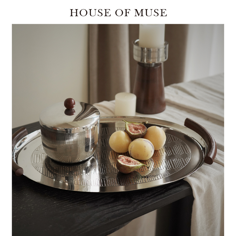 Muse Home's "Gilt Cloud Pattern" Indian Imported Vintage Tray Stainless Steel Silver Hotel Restaurant Storage Decor