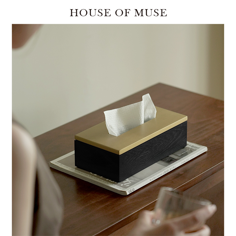 Muse's Home "Ink Gold Box: Vintage Solid Wood Tissue Box for Living Room, Light Luxury High-End Desktop Mid-Century Style Tissue Box