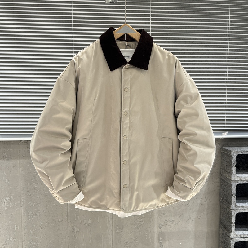 Winter American Retro Lightweight Lapel down Jacket for Men, Casual Japanese Style Patchwork Shirt-Style White Duck down Warm Coat