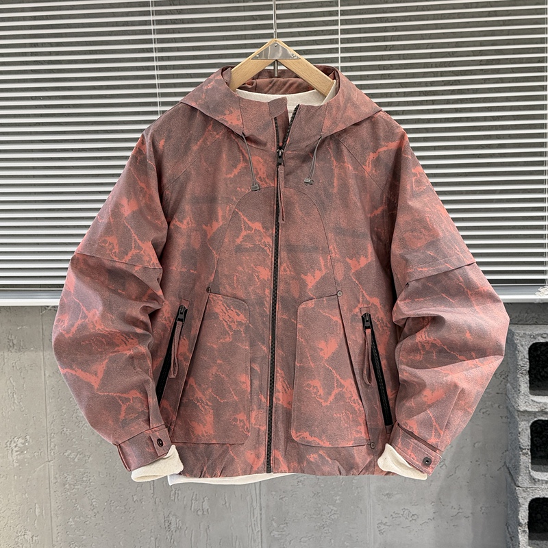 Spring Trendy Brand Tie-Dye Camouflage Hooded Jacket for Men, American Casual Style, Unique Workwear, Outdoor Couple's Windbreaker Jacket