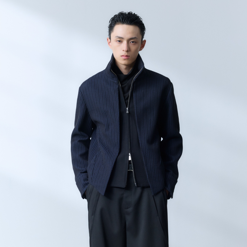 Yunyi [Polar Star] Three-Dimensional Color-Blocked Herringbone Cotton-Linen Blend Rayon Pleated Hollow Structure Stand-Up Collar Jacket for Men