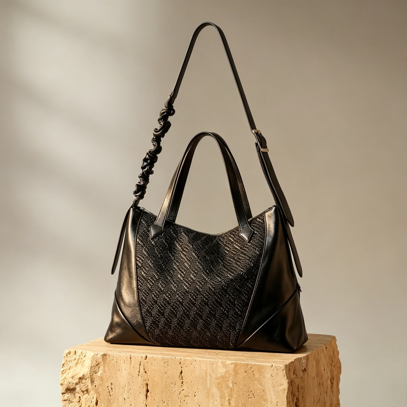 Yunyi [Vine] Asymmetrical Pleated Woven Patchwork Textured Leather Travel Crossbody Handbag Men's Shoulder Bag
