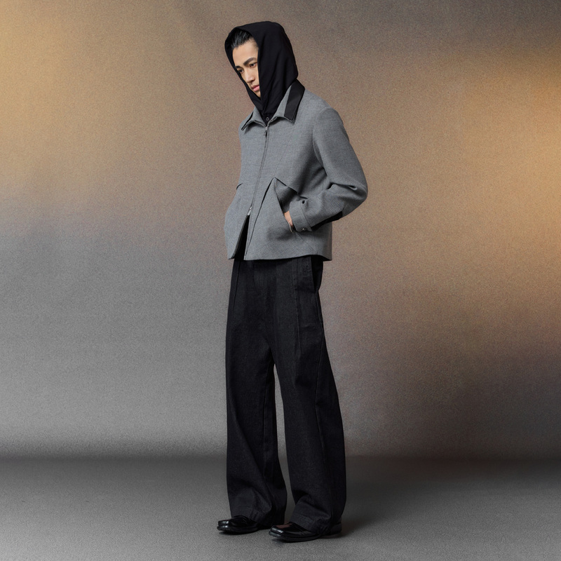 Yunyi [Grey Zone] Floral Yarn Wool Blend Color-Blocked Layered Irregular Collar Double-Pocket Structure Jacket