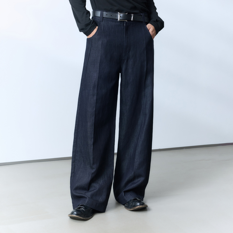 Yunyi [Yulu] French Imported Rain Dew Linen-Cotton Blend Semi-Permanent 3D Pleated Straight-Leg Jeans for Men
