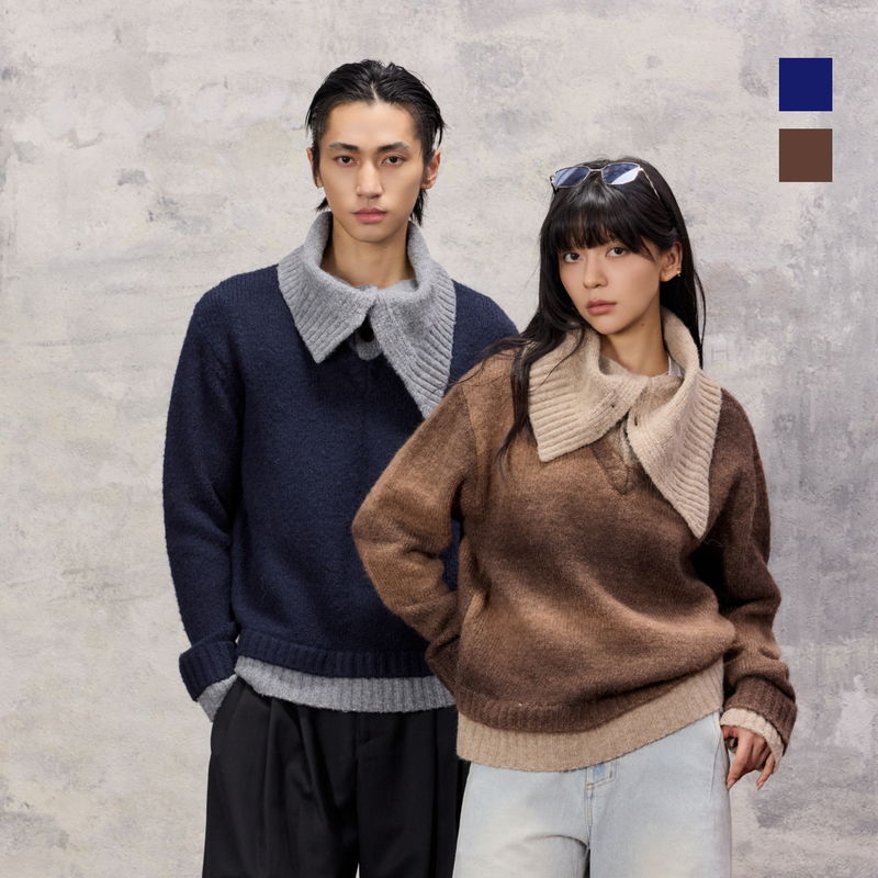 Yunyi [Shepherd] Imitation Mohair Wool Blend Multi-Form Large Lapel Color-Blocked Soft and Fluffy Sweater