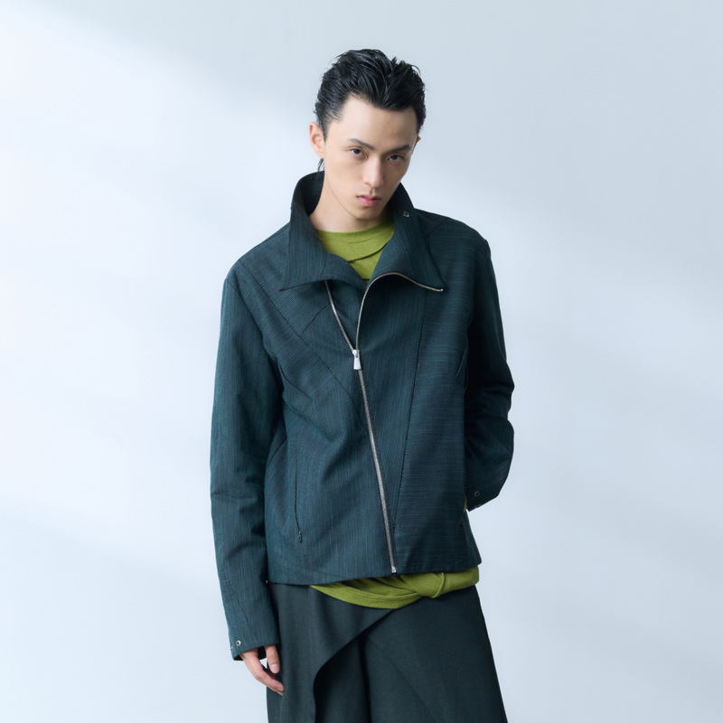 Yunyi [Prism Gate] Double Yarn Yarn-Dyed Tencel Linen Blend Diamond-Shaped Contrast Color Topstitch Diagonal Zipper Jacket