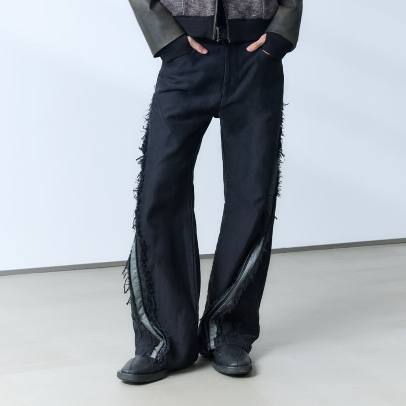 Yunyi [Hunter] Heavy-Duty Damage-Resistant Mole Skin Color-Blocked Leather Tassel Racing-Style Construction Pants