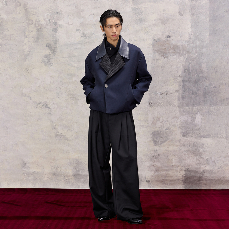 Yunyi [Cold Rainy Night] Blazer-Style Wool Blend Night Blue Washable Leather Collar Corduroy Patchwork Jacket