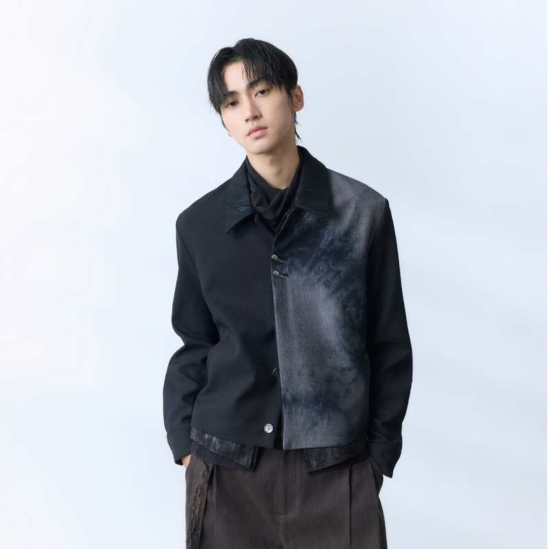 Insect [Inuyasha] Yuyue Tie-Dye Print Metal Horn Buckle Color-Block Mesh Patchwork Collar Structured Jacket
