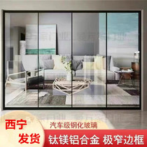 Kitchen sliding door triple linkage extremely narrow frame balcony bathroom hanging rail door tempered glass living room partition Tang Xining