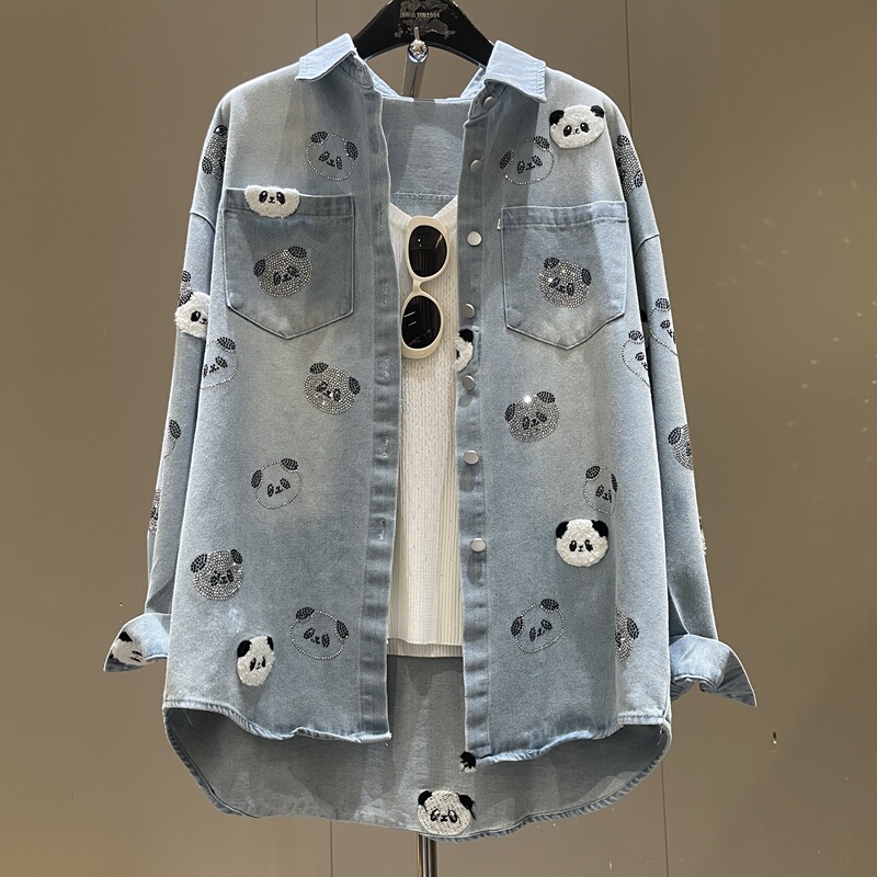 2026 Retro Heavy-Duty Rhinestone Embroidered Panda Long-Sleeve Denim Shirt Autumn New Loose Casual Top Jacket