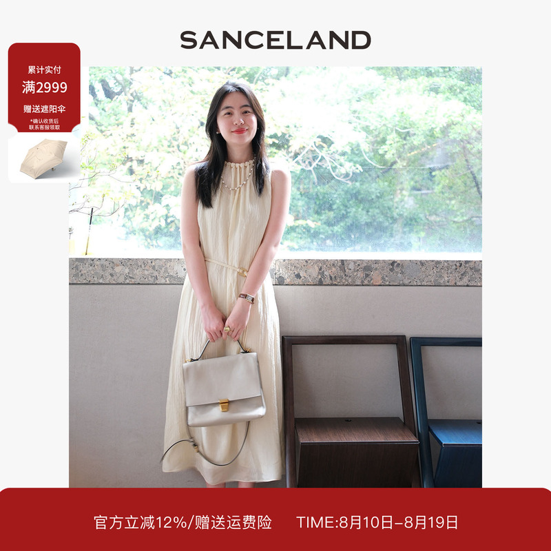 【Same Style as the Blogger】San Shi Yi Lan Summer Round-Neck Sleeveless Silk Dress with Tie Long Dress Sk24103038