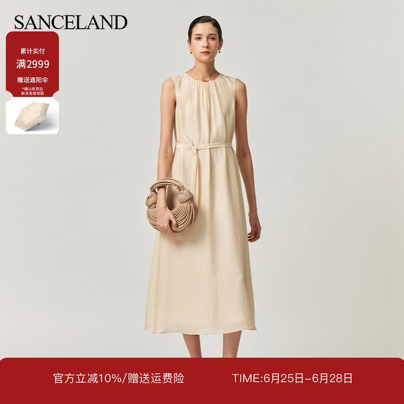 Sanceland Sanishi Yilanxia Sesame Crepe Silk Round Neck Sleeveless Dress with Belt Si 24104047