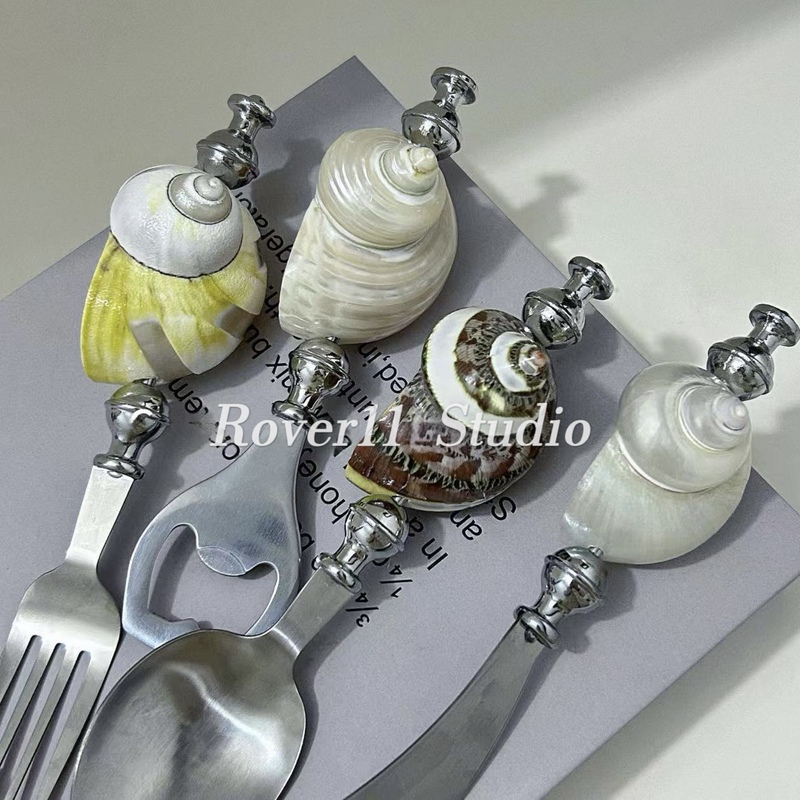 Natural Conch Shell Pearl Conch Fork Bottle Opener Tableware Pasta Pearl Metal Stainless Steel Ocean Style Tableware