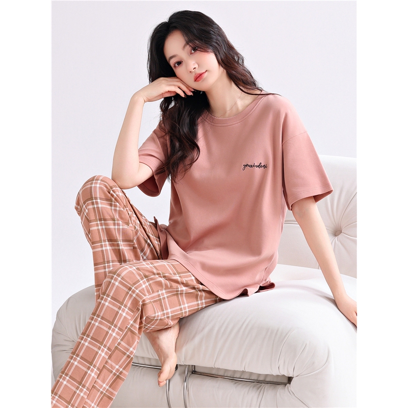 Beiyan Women's Pajamas with Chest Pads, Long Pants, Summer Pure Cotton Short-Sleeve Thin Large Size Plaid Loungewear Set Trendy Brand