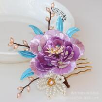 Floral hair accessories Hairpin Hanfu Hair Dresscomb ancient winehead accessories Accessories Handmade Peony gradient fresh water Pearl finished product Pearl Finish