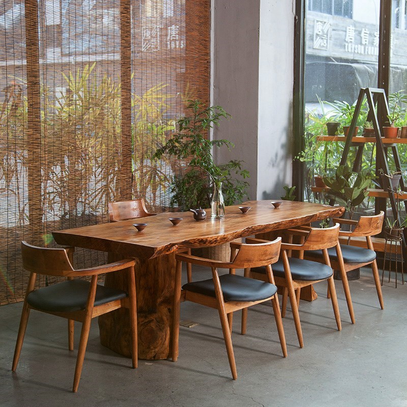 Solid wood natural edge retro Gongfu tea table and chairs Combined meeting table Table log boss office large plate long bar table