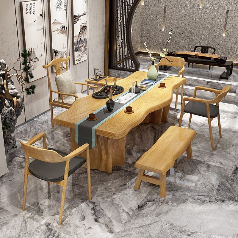 New Chinese style large plate tea Zen coffee table solid wood kung fu tea table and chair combination log desk tea table bench