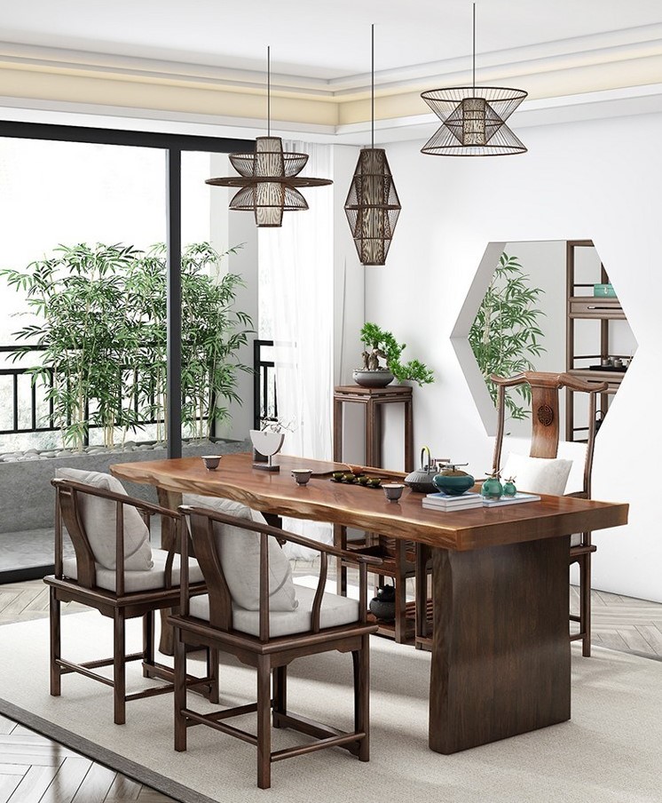 New Chinese-style living room solid wood large board tea table and chair combination home small modern Zen tea set set one tea table