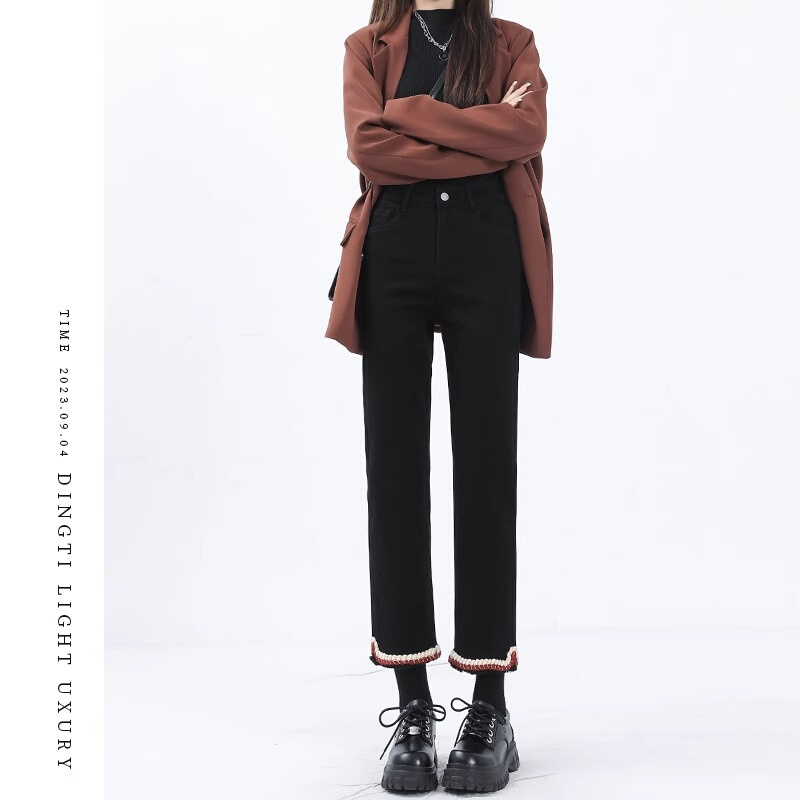 Black Straight Drum Jeans Woman 2023 New Spring Autumn High Waist Display Slim Small Sub Design Sensation 90% Smoke Pipe Pants-Taobao