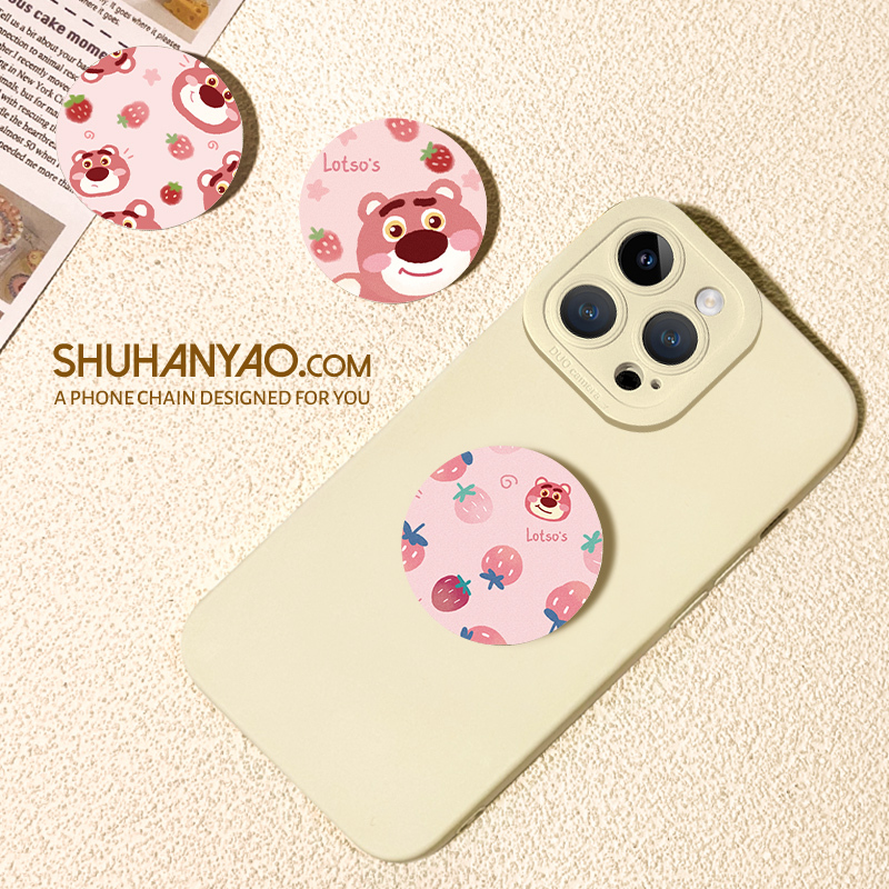 Strawberry Bear Phone Case with Round Airbag Stand, Cute Cartoon Design, Strong Adhesive, Anti-Drop, 360-Degree Rotation, Compact and Convenient, Anti-Drop and Anti-Loss, Desktop Support, Essential for Watching Shows, Foldable and Retractable, Unisex