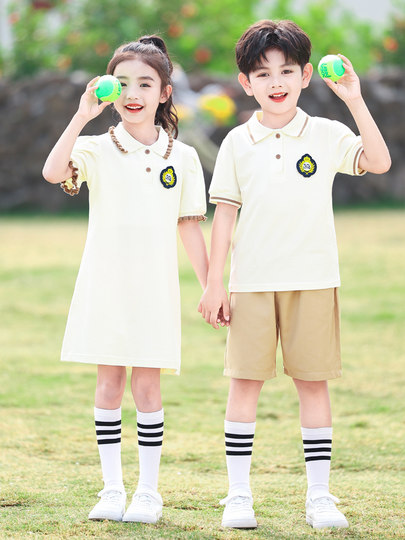 Kindergartenuniform, Sommerkleid, kurzärmelige Abschlussuniform aus reiner Baumwolle im britischen College-Stil, Sportanzug, Grundschuluniform