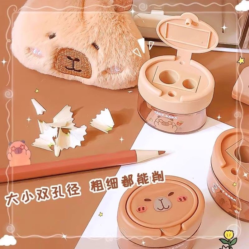 Children's Pencil Sharpener Kapibara Rotating Pencil Sharpener Manual Rotating Pencil Sharpener Cartoon Manual with Lid Double Hole