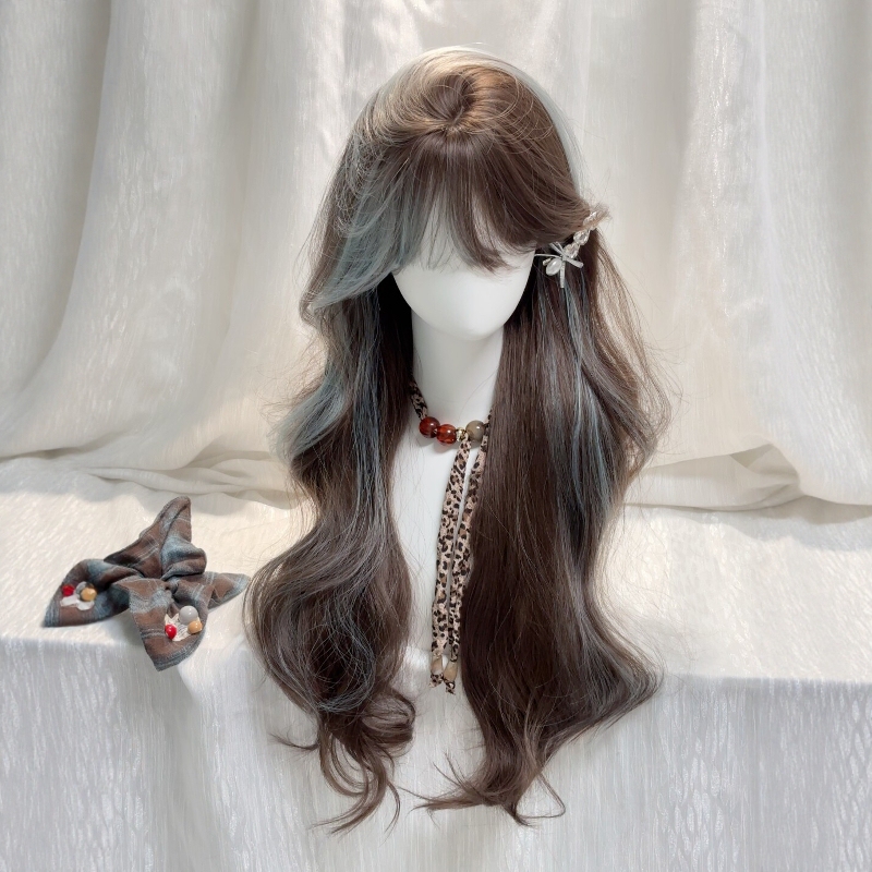 [Blueberry Raw Chocolate] Full Wig with Blue Bangs, Dyed Long Curly Hair with Highlights, Stylish for Everyday Wear