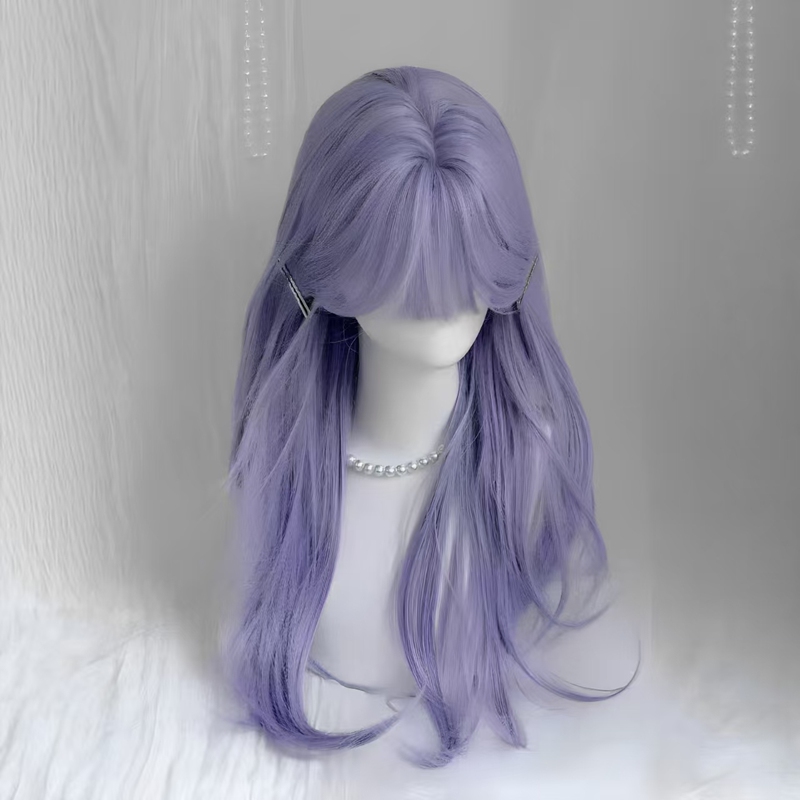 Full Wig for Women with Purple Bangs, Long Straight Hair 60cm, Natural Realistic Universal Cosplay Wig Set