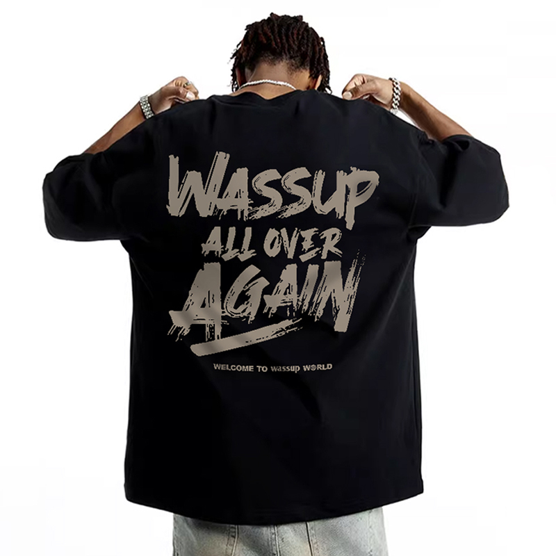 Wassup American Graffiti Letter Print Short-Sleeved T-Shirt for Men, New Summer Trendy Brand Heavyweight Pure Cotton Half-Sleeve Top