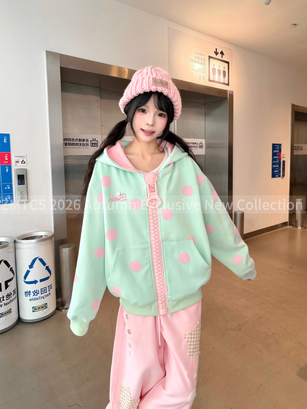 Dreaming Special Talent LAOSHU American Retro Large Polka Dot Color-Blocking Hooded Jacket with Fun Oversized Zipper Hoodie