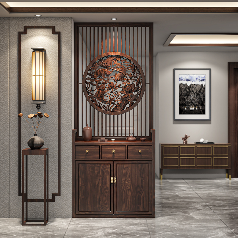 New Chinese-Style Screen Partition for Living Room, Home Entrance Door Cover, Solid Wood Shoe Cabinet, Entryway Storage Rack with Double Fish Relief