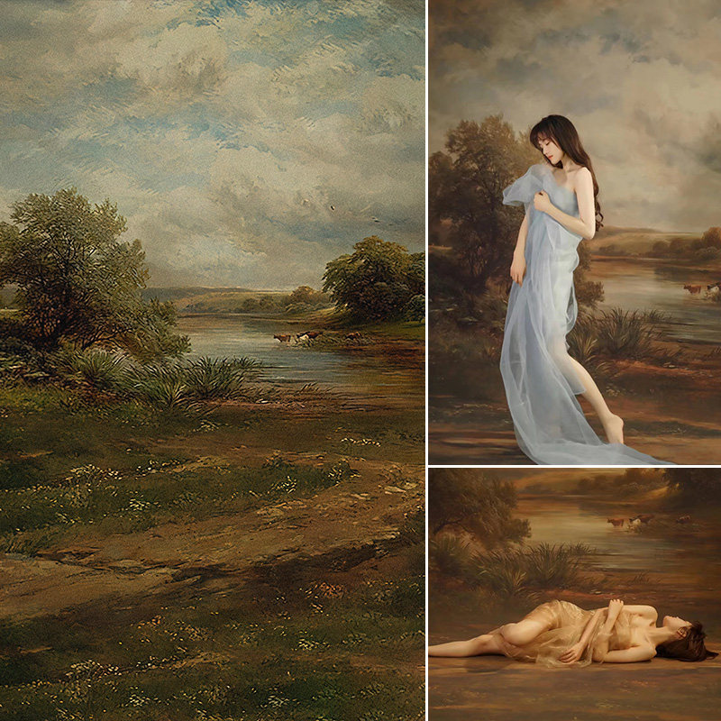Scenery oil painting background cloth photo photo gallery shooting props retro spray painted background imitation hand-painted work stroke oil canvas indoor photo of European and American wind background cloth Art Write a real wedding dress photo-curtain
