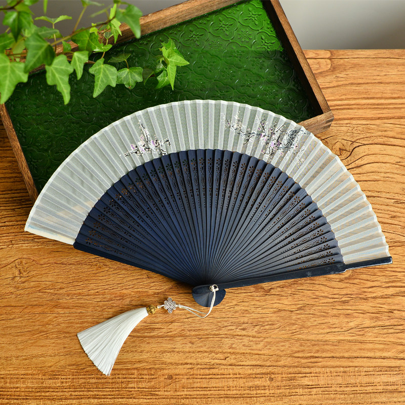 Blue bone simple elegant folding fan plum carving fan bone women's portable dance folding fan bamboo Hanfu cheongsam dance