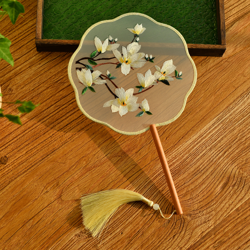 White Yulan double-sided embroidery troupe fan long handle Su embroidery China Wind comeback ancient wind Han clothes fan Qipao Palace Fan National Tide