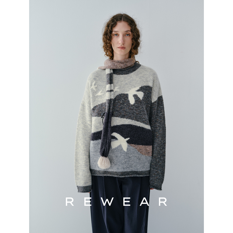 Rewear/Latin Alpaca Wool Ball Sausage Scarf Bird Color Block Jacquard Rolled Edge Knitted Sweater Set 16225