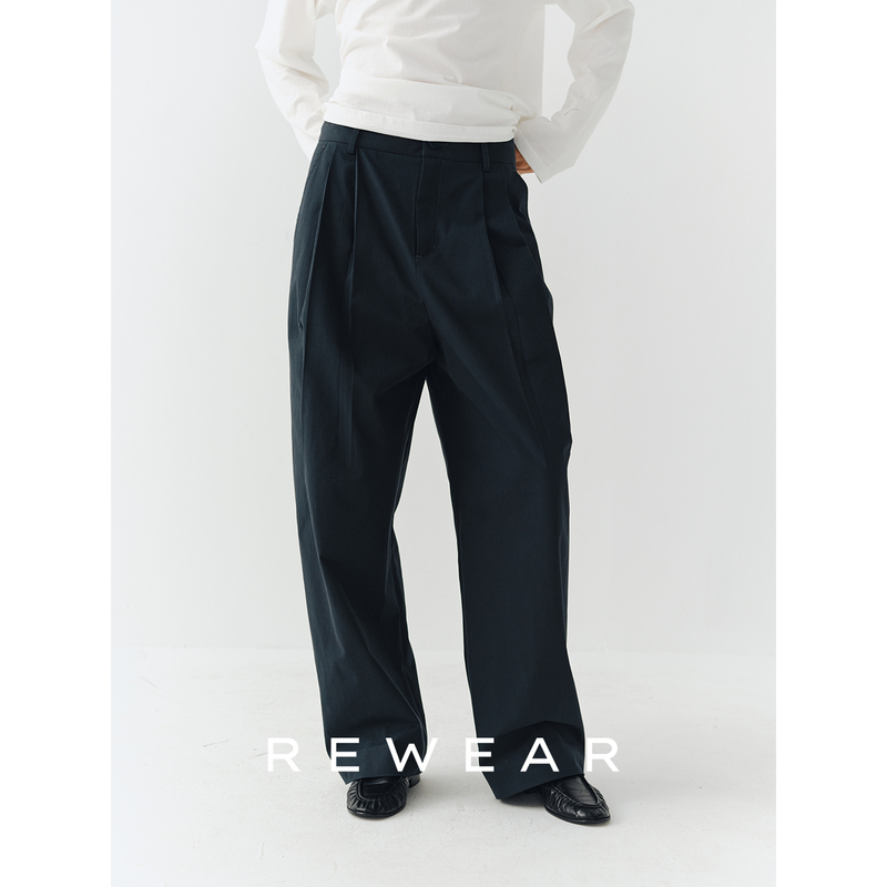 Rewear/Style-Enhancing Pants High-Quality Pure Cotton Twill Texture Double Pleated Slightly Curved Wide-Leg Casual Pants for Women 12295