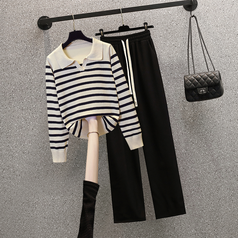 2026 Spring and Autumn New Plus Size Women's Clothing for Chubby Girls, Slimming V-Neck Striped Knitted Long-Sleeve Top and Wide-Leg Pants Set