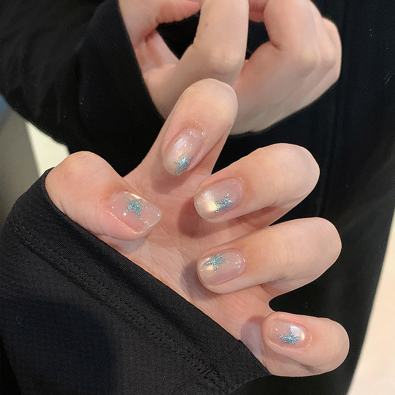 Star-Shaped Rhinestone Cat-Eye Handmade Wearable Nails, Short Style, High-End Finished Nail Art, Popular Nail Stickers