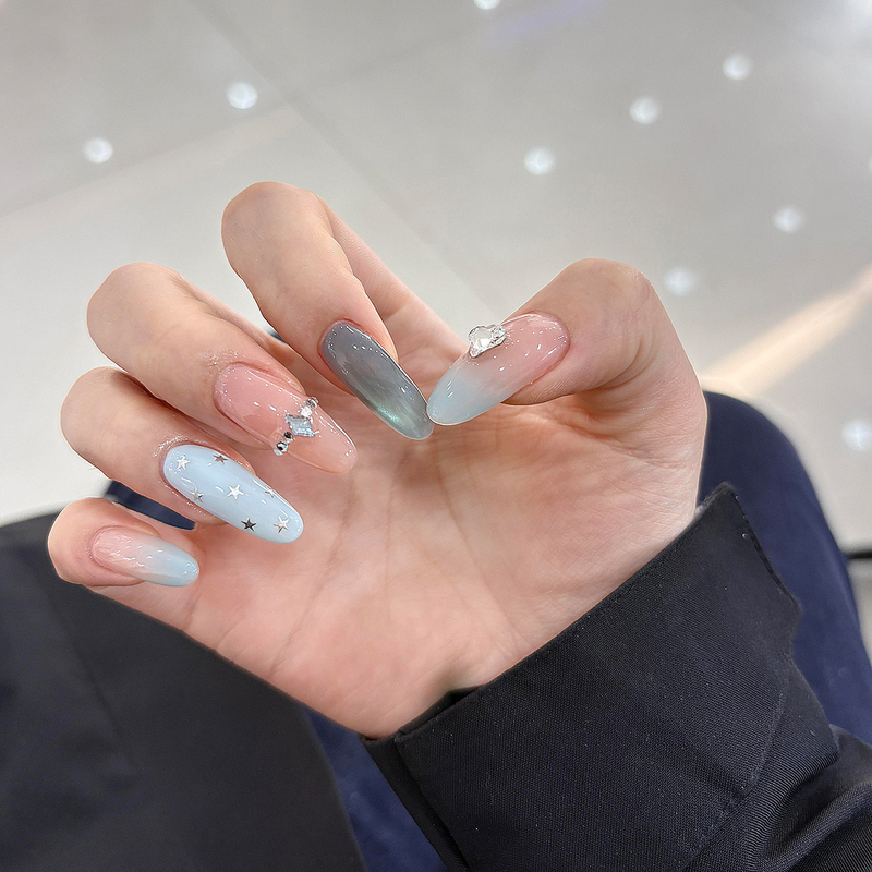 Ocean Blue and Pink Mandarin Duck Ab Style Nail Art, Pure Handmade Wearable Nails, Ice-Transparent Star Sequins, Removable Fake Nail Patches