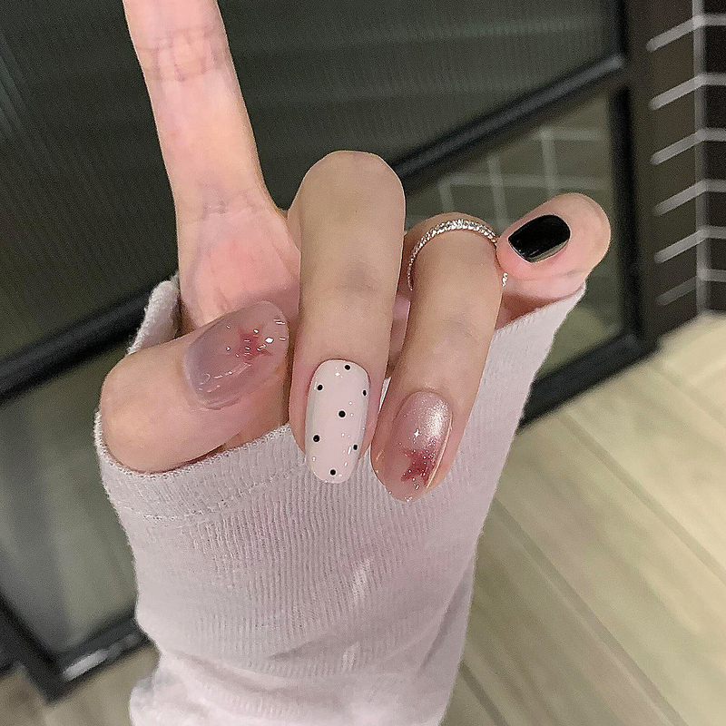 Date-Night Sparkling Glass Bead Cat-Eye Pink Polka Dot Short Handmade Nail Art Stickers Fake Nail Tips